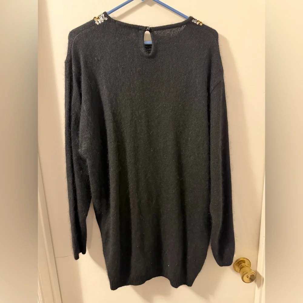 Vintage 80s Gladys Bagley Silk Angora Nylon Wool Blend Black Sequin Bow Sweater